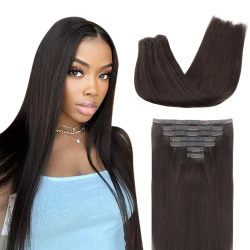 Vista 42 de Lashey Extensiones de cabello humano con clip, sin costuras, #1, color negro azabache, extensiones de cabello humano real, extensiones de cabello