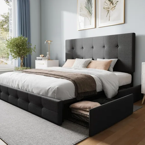 Vista 13 de WEEWAY Base de cama de plataforma de tamaño matrimonial con 4 cajones de almacenamiento, cabecera capitonada con botones de costura de diamante