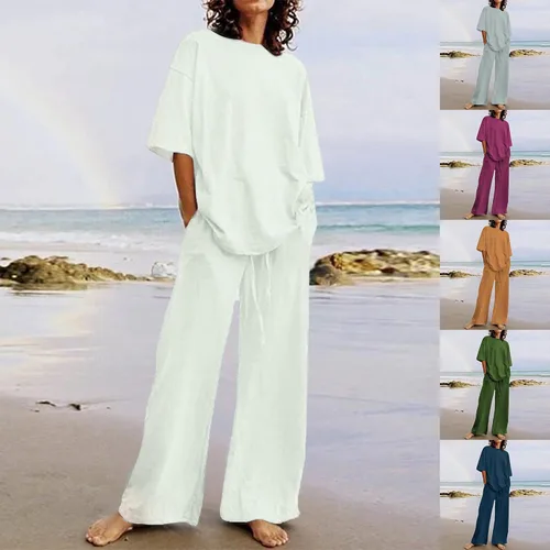 Vista 5 de Conjuntos de verano de 2 piezas para mujer, conjuntos elegantes y casuales de color liso, para verano, otoño, cuello redondo, tops y pantalones