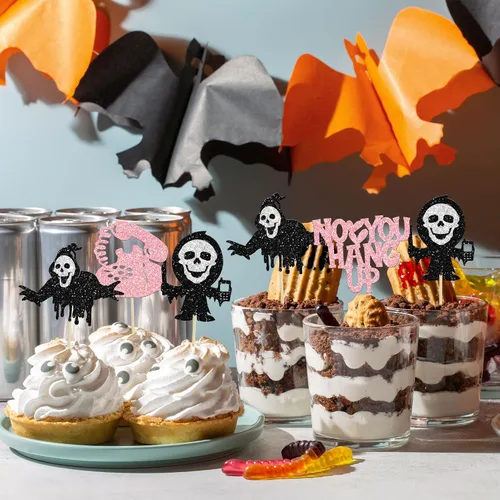 Vista 4 de Gyufise 24 piezas de decoración de cupcakes de película de terror con purpurina para teléfono con purpurina para teléfono sin que cuelgues asesino