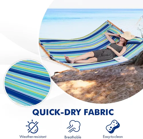 Vista 5 de Goplus Hamaca acolchada de 10.5 pies, hamaca acolchada para 2 personas con almohada desmontable, capacidad de 330 libras, barra separadora curvada