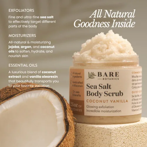 Vista 3 de Bare Botanics Aceite de almendras dulces para el cabello y el cuerpo + exfoliante de sal corporal de coco y vainilla