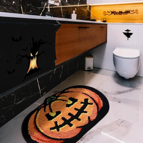 Vista 2 de Alfombra de baño de calabaza de Halloween de 20 x 32 pulgadas, suave y absorbente, alfombra de baño de otoño, antideslizante, lavable, decoración