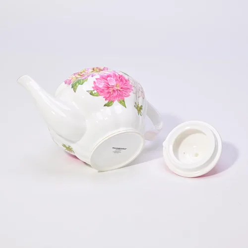 Vista 7 de Tetera de porcelana de hueso, teaset inglés, diseño floral de dalia con borde dorado, 37 onzas