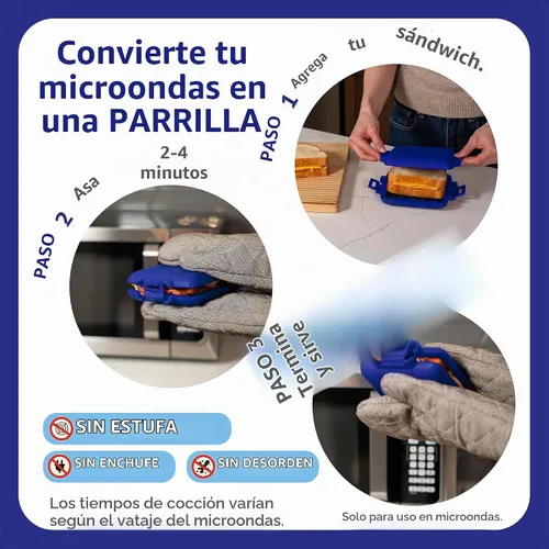 Vista 3 de Sandwichera clásica para microondas, parrilla para microondas, tostadora, sándwiches de queso a la parrilla de 3 minutos, cubierta de silicona Azul