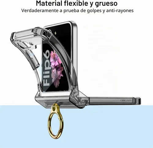Vista 4 de Funda transparente para Samsung Galaxy Z Flip 6, protección de bisagra de lujo con soporte de anillo y protector de pantalla, funda suave todo Negro