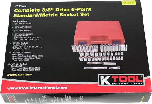 Vista 5 de K Tool International 22047 Juego de dados con unidad de 3/8" para garajes, talleres de reparación y bricolaje, métrico, SAE, 6 puntos, tratado