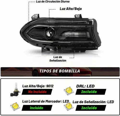 Vista 2 de Juego de faros delanteros halógenos compatibles con Dodge Charger 2015-2023, faros con barra LED dual DRL, par lado izquierdo del conductor LH