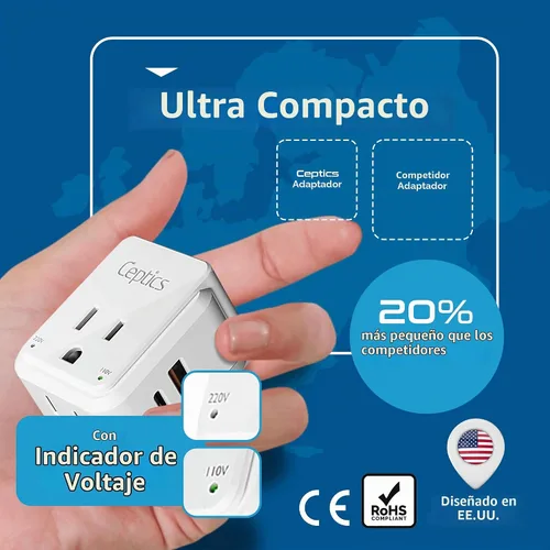 Vista 7 de Ceptics Juego de viaje adaptador de enchufe de alimentación de Brasil, 20 W PD y QC, USB dual seguro y USB-C 3.1A - 2 enchufes de EE. UU. - Compacto