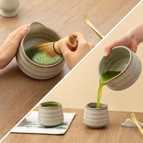 Vista 5 de Juego de 9 piezas de matcha con batidor de bambú, gris retro