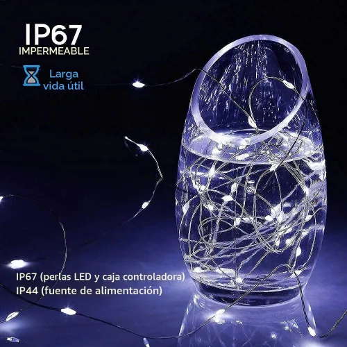 Vista 3 de Guirnalda de luces LED con energía solar actualizada, 8 modos, resistente al agua, IP65, iluminación intermitente, para interior y exterior Blanco
