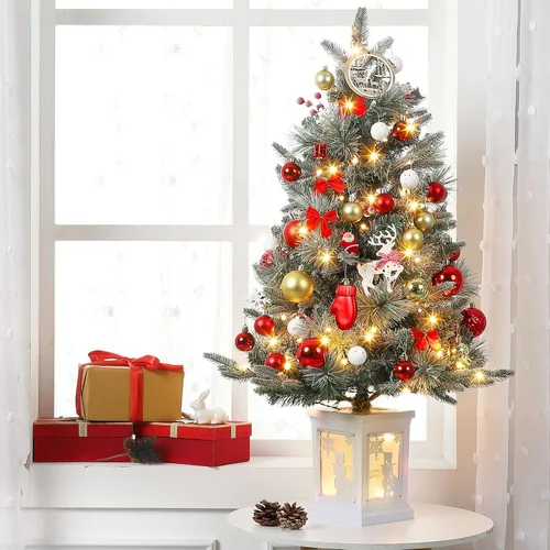 Vista 8 de Árbol de Navidad artificial preiluminado de 3 pies, árbol de Navidad de nieve flocada premium con LED blanco cálido, mini árbol de Navidad Base