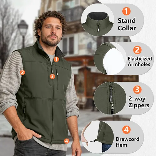 Vista 5 de Outdoor Ventures Chaleco de correr para hombre, ligero, resistente al viento, forro polar, softshell, sin mangas, para golf Verde militar