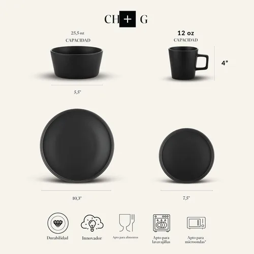 Vista 2 de Stone Lain Celina - Juego de vajilla de gres de 16 piezas, platos y cuencos, vajilla negra mate, servicio para 4, estilo redondo minimalista, apto