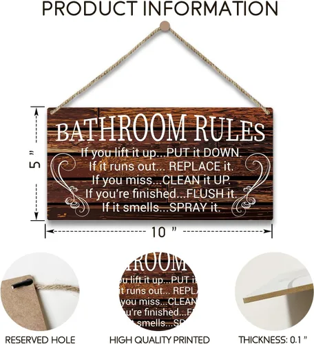 Vista 2 de Letrero de advertencia de reglas de baño, placa de madera impresa de 10 x 5 pulgadas, decoración de madera para colgar en la puerta, decoración