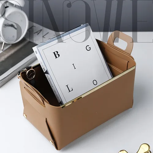 Vista 2 de Cesta Decorativa de Cuero Sintético, Cesta Pequeña Multiusos para Entrada, Mesita de Noche, Cómoda, Mesa Auxiliar, Bandeja Organizadora Rectangular