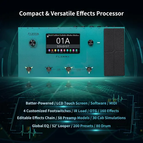 Vista 4 de FLAMMA FX200 - Procesador multiefectos con batería, pantalla táctil LCD de 5" programable, puerto MIDI, amplia E/S, grabación de audio USB, 58
