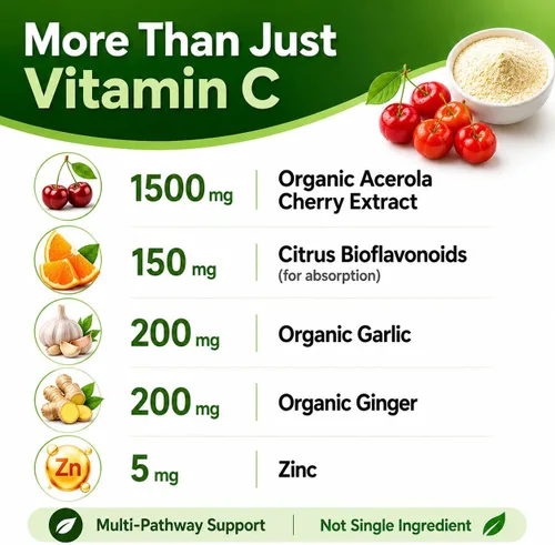 Vista 5 de Vitamina C natural de cereza de acerola orgánica, alta absorción, con bioflavonoides de ajo, jengibre y cítricos, refuerzo del sistema inmunológico