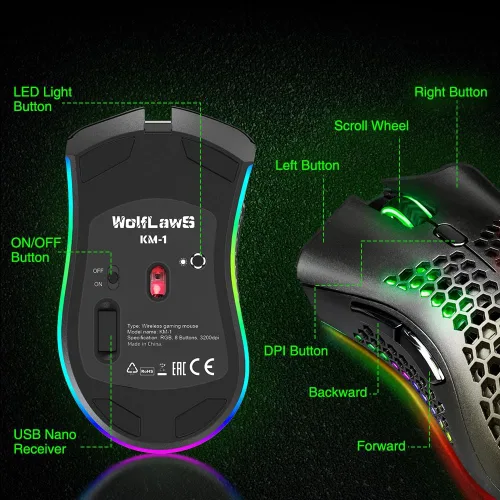 Vista 6 de KM-1 Ratón Gaming, Ratón Inalámbrico Gaming Ratones de Computadora USB con Carcasa de Panal, 6 Botones Programables, 3 DPI Ajustables, Ratón Óptico