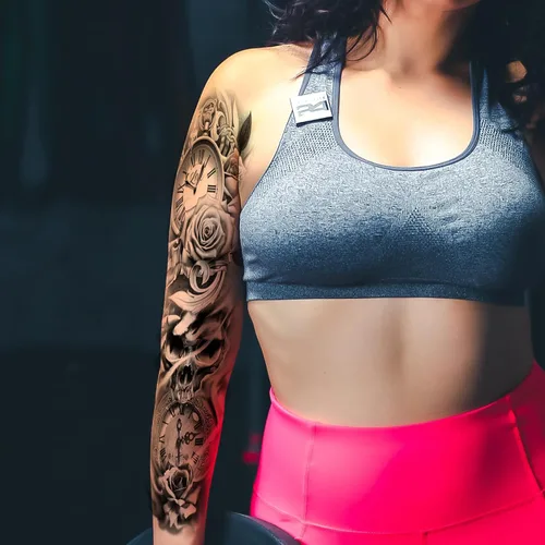 Vista 3 de Kotbs 6 hojas de mangas temporales de tatuaje de flores grandes para mujer, diseño realista de reloj y rosa, tatuajes de manga falsa para cosplay