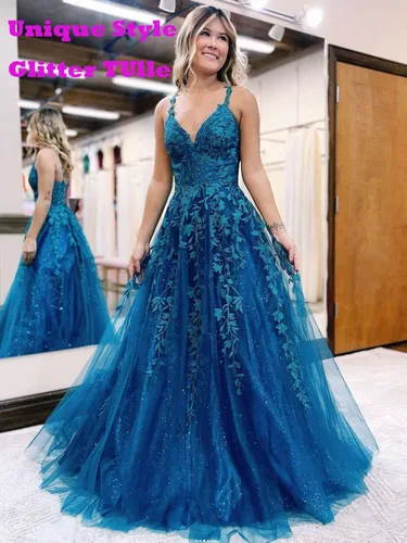 Vista 2 de Vestidos de graduación de tul con purpurina para mujer, cuello en V, apliques de encaje, vestidos largos de baile, tirantes delgados, vestido
