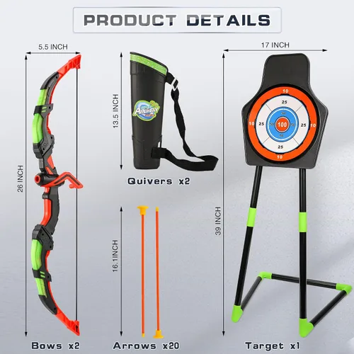 Vista 8 de Bow and Arrow Set for Kids, 2-Pack LED Light Up Archery Set for Boys Girls Azul y verde