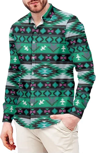 Vista 20 de Camisa azteca con botones para hombre, patrón nativo americano, camisas de manga larga con cuello en V y nación tribal