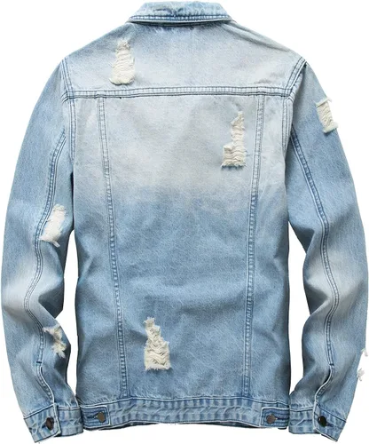 Vista 2 de RANMCC Chaqueta de mezclilla para hombre, chaqueta vaquera rasgada ajustada