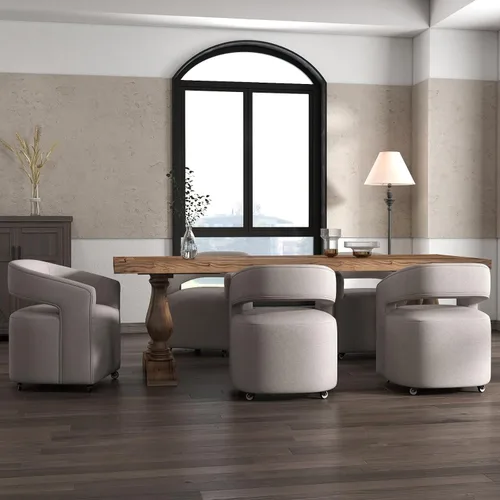Vista 12 de DUOMAY Silla de comedor tapizada moderna con ruedas giratorias, juego de 1, silla auxiliar con respaldo de barril de lino, silla de tocador