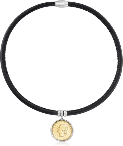 Vista 3 de Ross-Simons Italian Genuine 20-Lira Coin Charm and Black Leather Bracelet With Sterling Silver