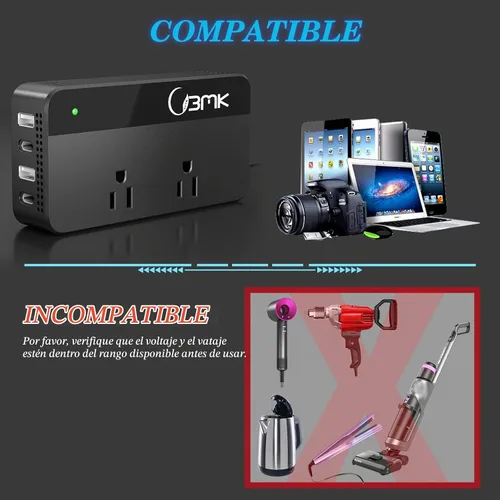 Vista 4 de BMK Inversor de corriente para auto, 200 vatios, corriente continua, 12 a 110 voltios corriente alterna, 4 puertos USB, adaptador de cargador