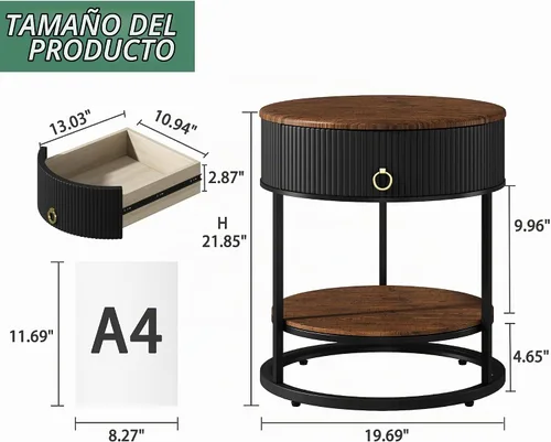 Vista 2 de OIOG - Mesa auxiliar redonda con cajón, mesa auxiliar moderna de madera con estante, mesa de noche de 2 niveles con cajón para sala de estar Negro