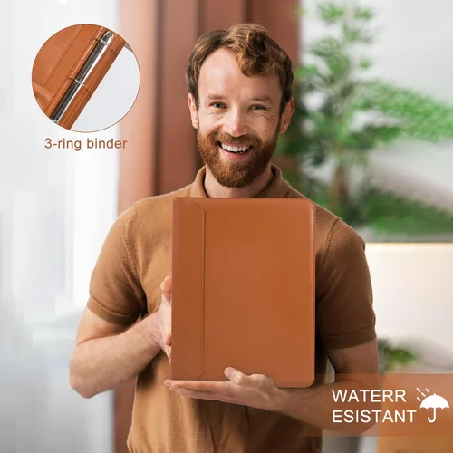 Vista 3 de AZXCG Nombre grabado gratis, Padfolio PU cuero 3 anillos, cartera de negocios con almohadilla de escritura A4, regalo corporativo, marrón