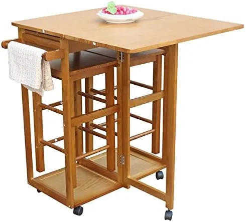 Vista 6 de Juego de mesa de comedor de 3 piezas con ruedas, 2 cajones, 2 sillas cuadradas, hoja plegable, mesa de cocina pequeña (marrón)