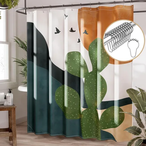 Vista 17 de AmazerBath Cortina de ducha, juego de cortina de tela ombre negra con 12 ganchos, cortina de ducha lavable de tela en negro y blanco, cortina