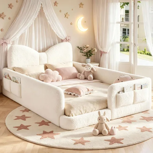 Vista 11 de Cama de suelo tapizada de tamaño matrimonial con valla y bolsillos, cama de Cama de suelo tapizada de tamaño matrimonial con listones y cabecero