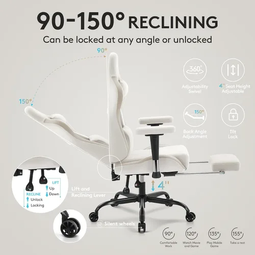 Vista 8 de Silla de juegos de tela transpirable, silla de oficina para computadora con reposapiés, soporte lumbar de masaje y almohadilla de gel, silla