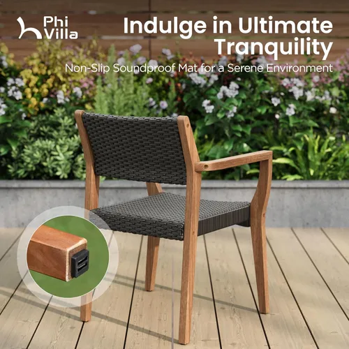 Vista 7 de PHI VILLA Juego de 2 sillas de madera de acacia para exteriores, sillones de comedor resistentes con respaldo y asiento de mimbre, muebles