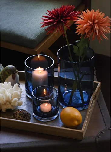 Vista 3 de Portavelas Azul para Velas de Pilar y Té, Jarrones Cilíndricos de Cristal con Burbujas Modernas Estilo Huracán, Centros de Mesa para Cocina, Isla