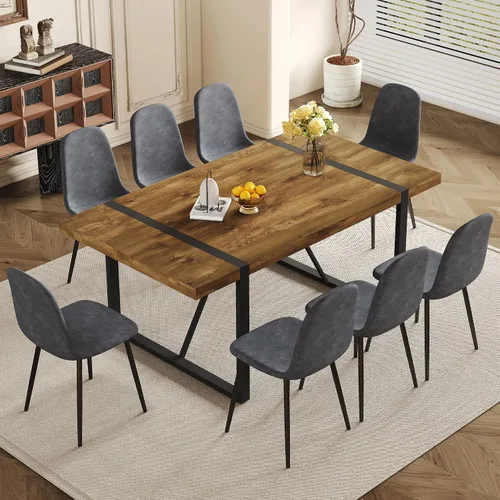 Vista 9 de Juego de mesa de comedor rústica de 5 piezas para 4 personas, mesa de comedor rectangular de madera moderna de mediados de siglo de 55 pulgadas