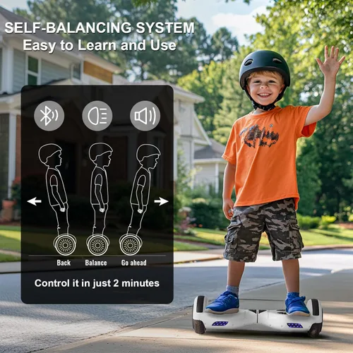 Vista 3 de Kids Scooter with Bluetooth Speaker & Corlorful LED Lights, Dual 250W Motor 7.5 Mph Speed, Gifts for All Ages Blanco