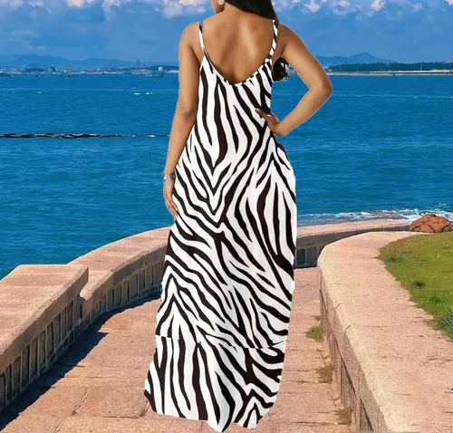 Vista 5 de Vestido largo sexy de verano para mujer, casual, cuello en V, tirantes delgados ajustables, sin mangas, tallas grandes con bolsillos