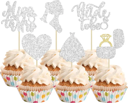 Vista 8 de 24 adornos para cupcakes con purpurina para novia, vestido de novia, cupcake picks Heart Miss to Mrs Cake Decor para despedidas de soltera, bodas