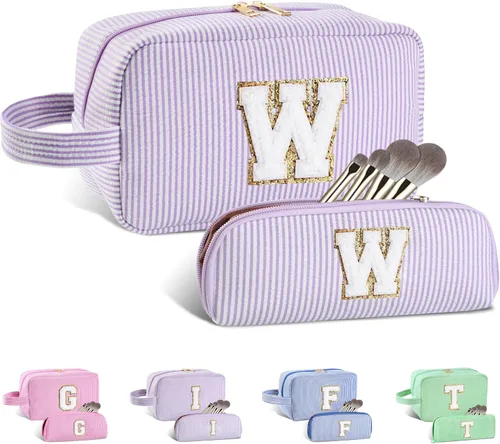 Vista 144 de Bolsa de maquillaje personalizada con inicial A-Z para mujeres, niñas y niños, bolsa de aseo de viaje, bolsa de maquillaje preparada, bolsa