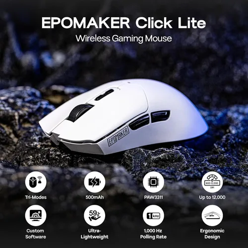 Vista 2 de EPOMAKER Click Lite Mouse inalámbrico para juegos, 800 a 12,000 DPI ajustable, sensor PAW3311, 500mAh, 2.08 oz, 2.4GBTUSB-C recargable con 5 botones