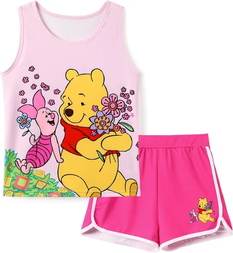 Vista 20 de Disney Stitch, Frozen, Minnie Mouse, Princesa, Winnie Tank Top+Shorts Dolphin para niñas, conjunto deportivo de entrenamiento de verano