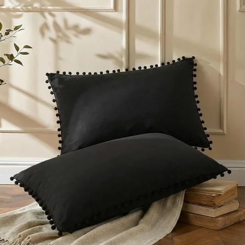 Vista 12 de Juego de 2 fundas de almohada con pompones color verde aguacate, tamaño Queen estándar, 100% microfibra lavada, funda de almohada con flecos de bola