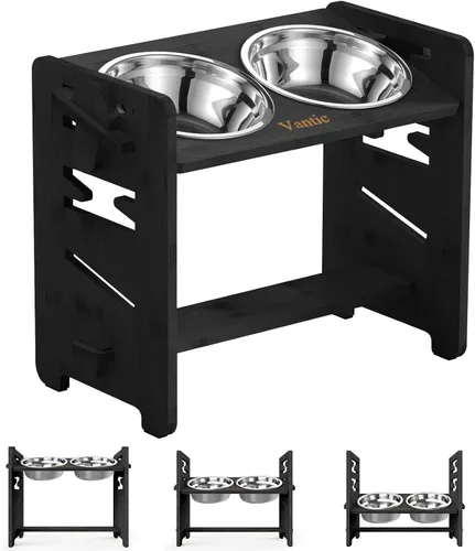 Vista 9 de Cuencos elevados para perros, soporte elevado ajustable para mascotas de tamaño mediano, alimentador de alimentos de bambú resistente con 2 platos