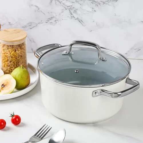 Vista 4 de Olla de stock de cerámica de 5 cuartos antiadherente con tapa, olla para sopa, olla de pasta antiadherente fácil de limpiar, sin PFOA, PFAS, PTFE