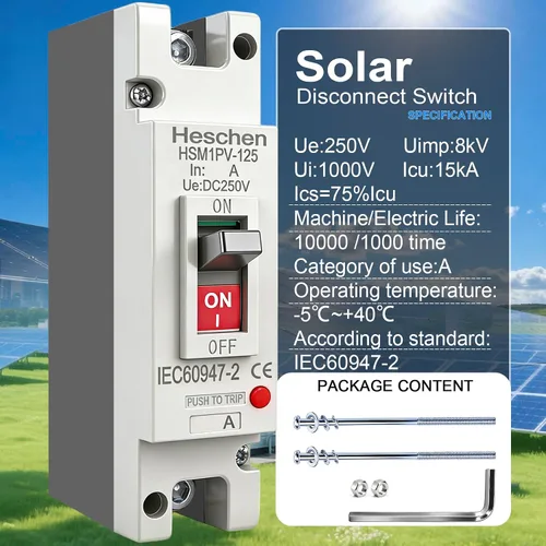 Vista 3 de Heschen 63A DC250V, disyuntor de caja moldeada CC MCCB, 1 polos, HSM1PV-125, disyuntor fotovoltaico, para sistema solar fotovoltaico sistema de red
